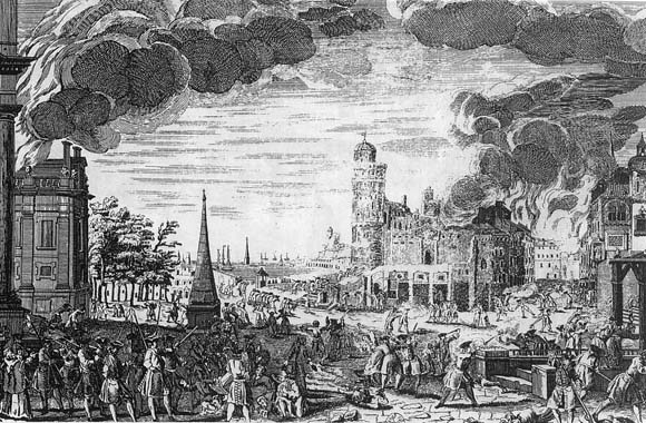 Gravure de la BN montrant la mise à feu et à sang de Berg-op-Zoom. Selon les témoins l'incendie fut mis aux maisons dans trois quartiers de la ville, peut-être les trois îlots qui fument sur cette reproduction. Le désordre et le pillage durèrent des heures.