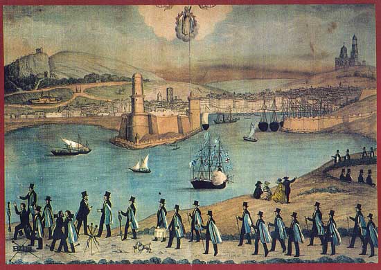 Champ de conduite d'Auguste Atte dit Mansceau la Victoire, compagnon charron, au retour de Sainte-Baume, lithographie 1862.