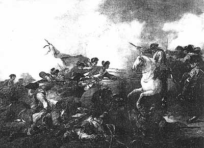 Le régiment valaisan de Courten repousse une charge de cavalerie anglaise à la bataille de Fontenoy. Huile sur toile de Johann-Melchior de Wyrsch (1732-1798), propriété du comte de Courten (Sion).