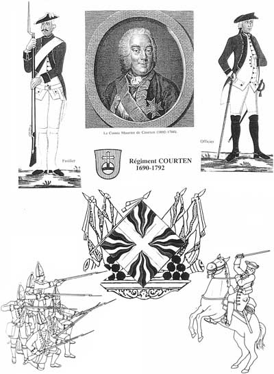 Le comte Maurice de Courten, encadré par un fusilier et un officier, et le drapeau du régiment. Au centre le blason familial.