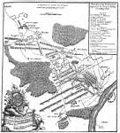 Bataille de Fontenoy : plan de Sr. De Fer, géographe du Roy dans " Les forces de l'Europe ". Indiqué COURTIN le régiment est en D, à côté des régiments Bettens et Diesbach sur sa droite et des gardes françaises et suisses sur sa gauche.